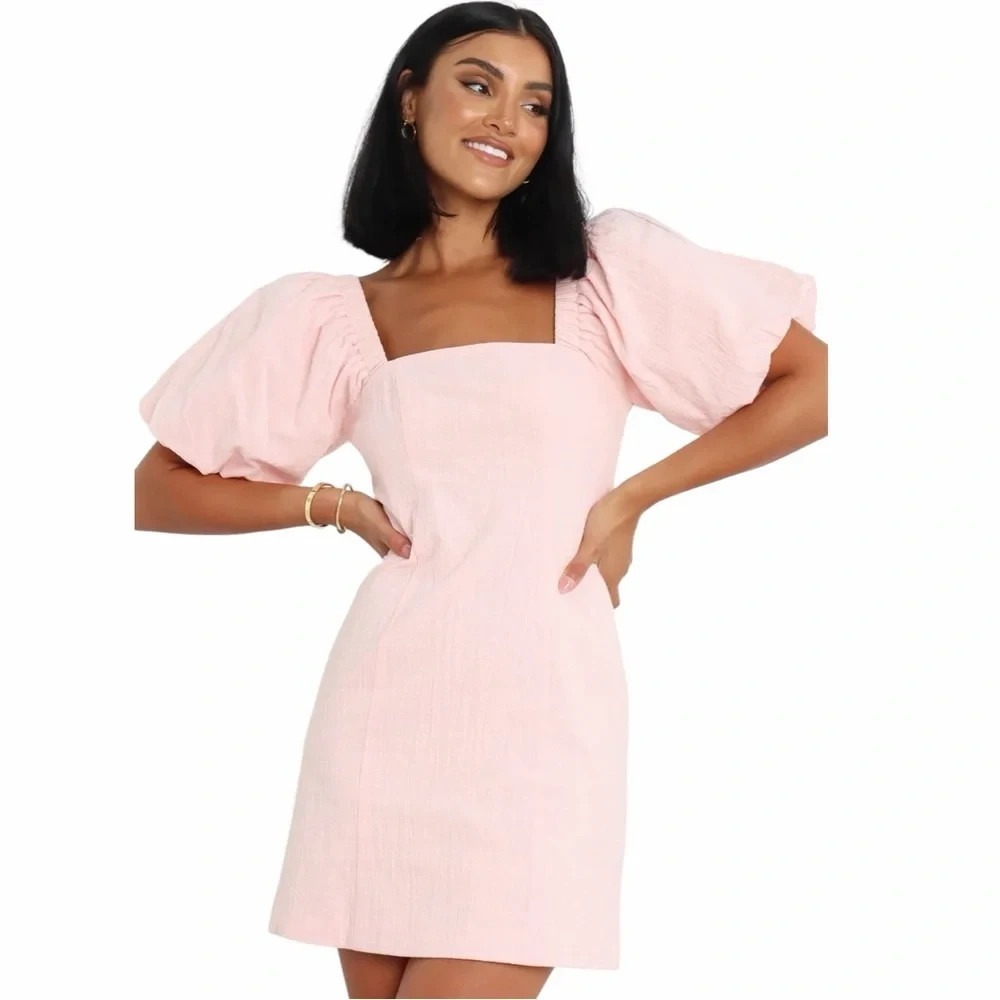 SNDYS X Revolve Tuscany Puff Sleeve Pink Cotton Mini Dress M Sundays NEW